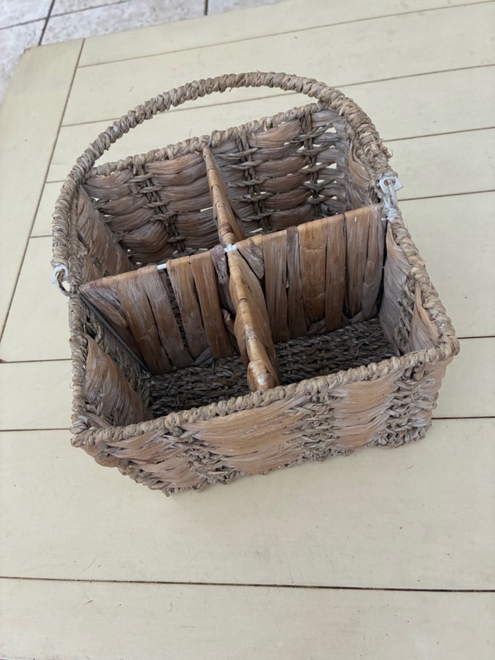 Woven Natural Brown Divided Storage Basket with Handle, hand woven. 8”x8”x5.5”.